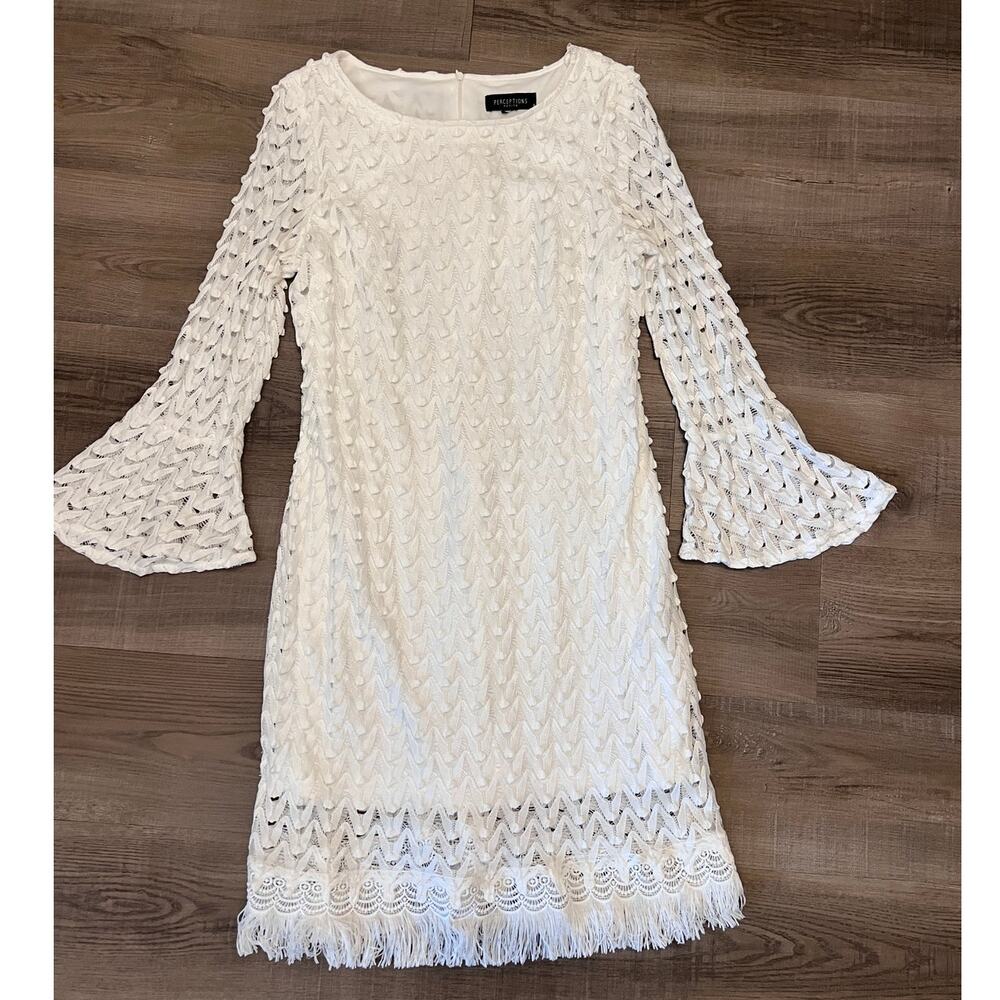 Perceptions White Knit Lace Dress w/ Fringe Hem - Petite